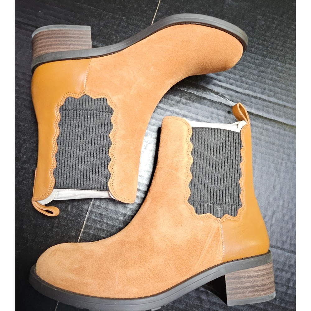 Lori Goldstein Wylie Tan Suede Leather Scalloped Chelsea Boots LI-WYLIE Womens 6